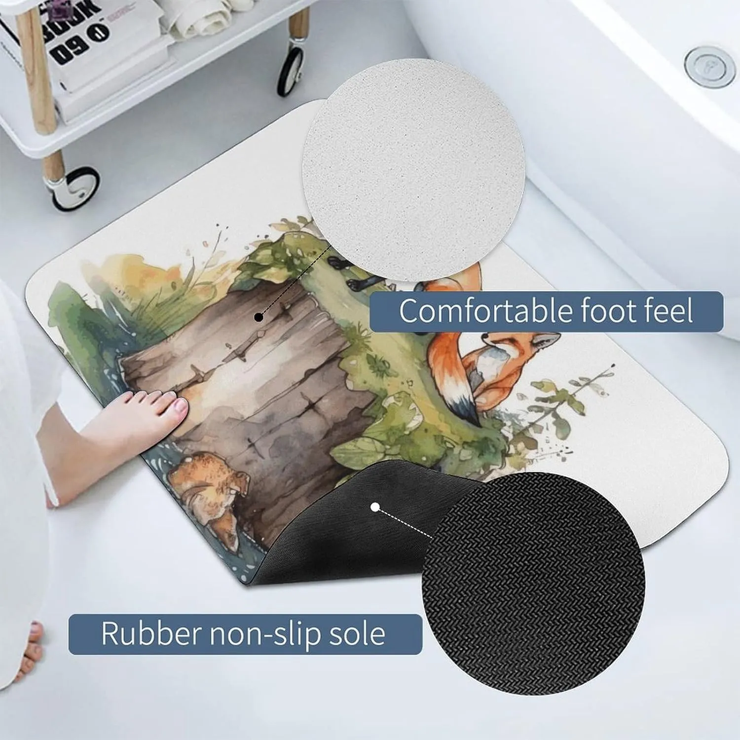 Diatomaceous Stone Bath Mat Quick Drying Shower Mat Hand Drawn Fox Bathroom Rugs for Toilets, Bathrooms, Guest Rooms