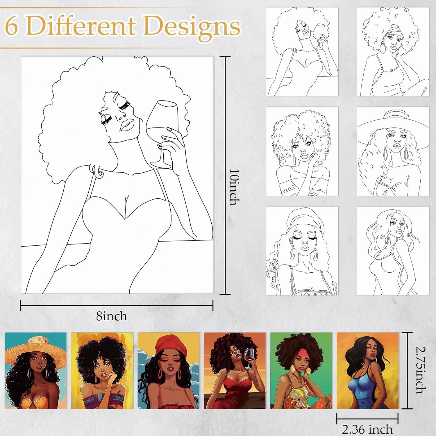 Dinifee 6 Pack Canvas Painting Kit Pre Drawn Afro Queen Cotton Canvas 8 x 10 Inch Stretched Paint and Sip Set for Adults Party Date Night(Elegant Lady)
