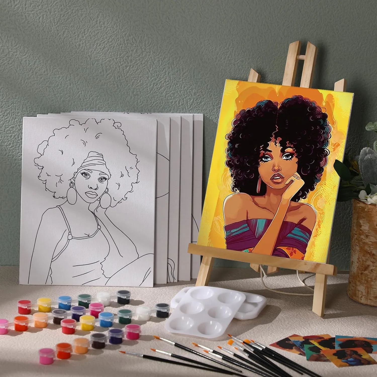 Dinifee 6 Pack Canvas Painting Kit Pre Drawn Afro Queen Cotton Canvas 8 x 10 Inch Stretched Paint and Sip Set for Adults Party Date Night(Elegant Lady)
