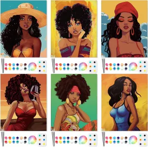 Dinifee 6 Pack Canvas Painting Kit Pre Drawn Afro Queen Cotton Canvas 8 x 10 Inch Stretched Paint and Sip Set for Adults Party Date Night(Elegant Lady)
