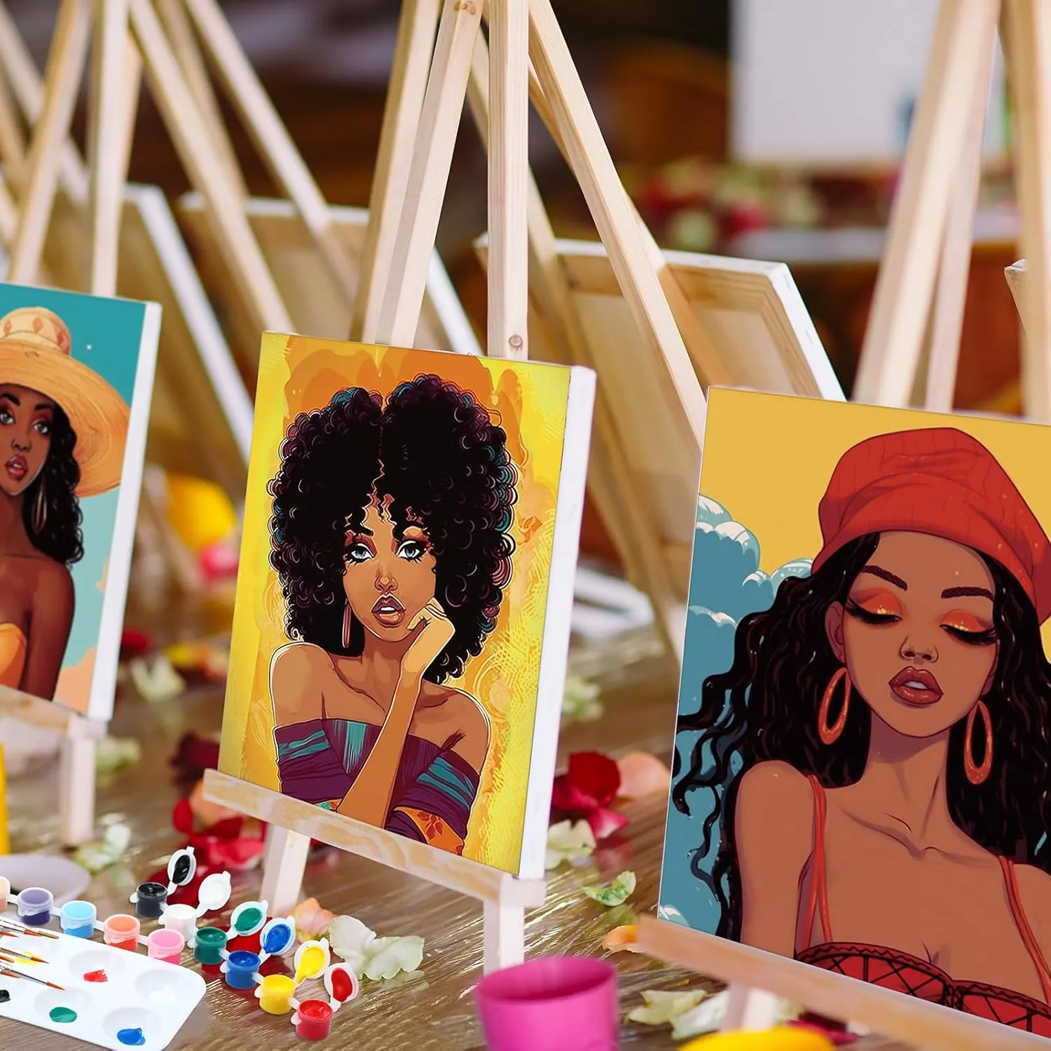 Dinifee 6 Pack Canvas Painting Kit Pre Drawn Afro Queen Cotton Canvas 8 x 10 Inch Stretched Paint and Sip Set for Adults Party Date Night(Elegant Lady)
