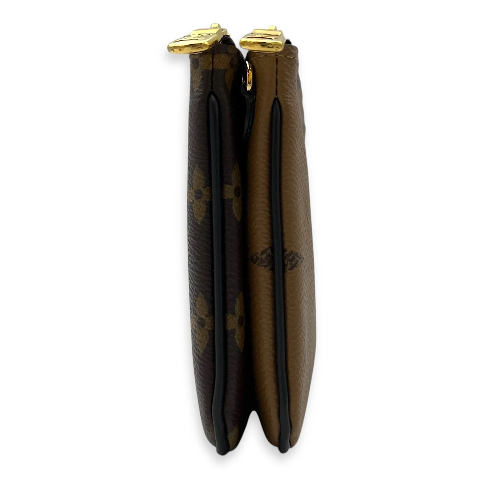 Double Zip Pouchette Brown Crossbody Bag in Coated Canvas, Gold hardware