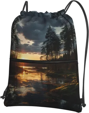 Drawstring Backpack Resistant Sackpack Evening time in forest Sports Gym Bag String Bag for Women Men