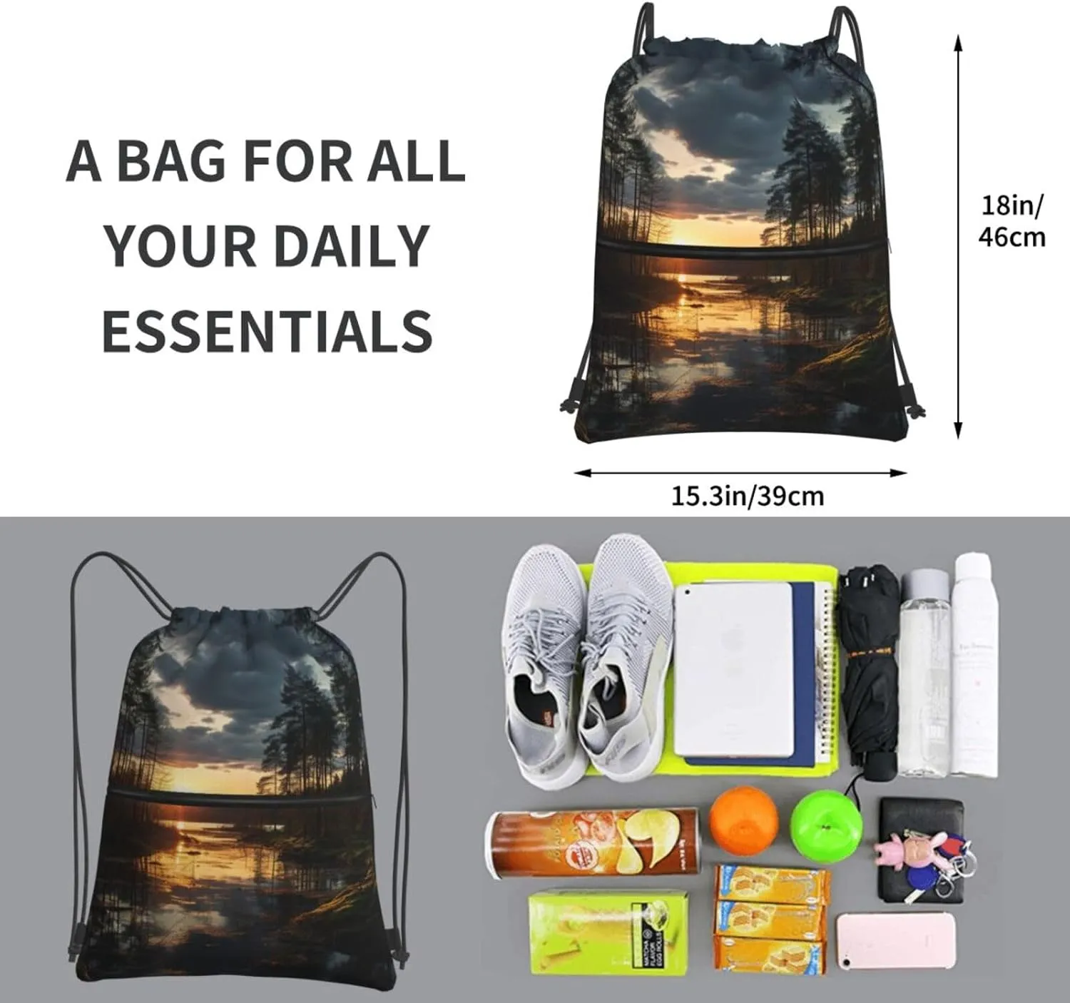 Drawstring Backpack Resistant Sackpack Evening time in forest Sports Gym Bag String Bag for Women Men