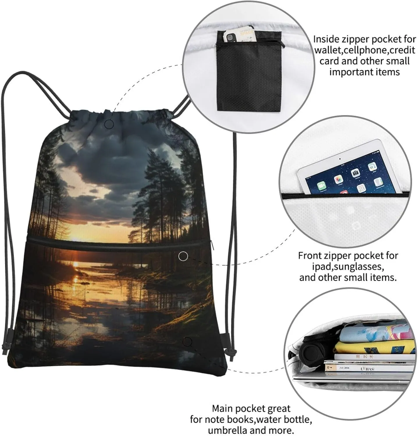 Drawstring Backpack Resistant Sackpack Evening time in forest Sports Gym Bag String Bag for Women Men