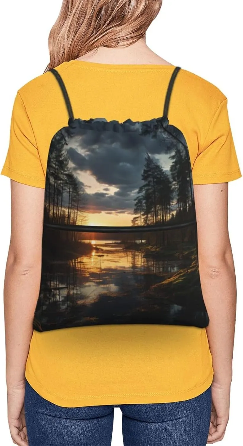 Drawstring Backpack Resistant Sackpack Evening time in forest Sports Gym Bag String Bag for Women Men