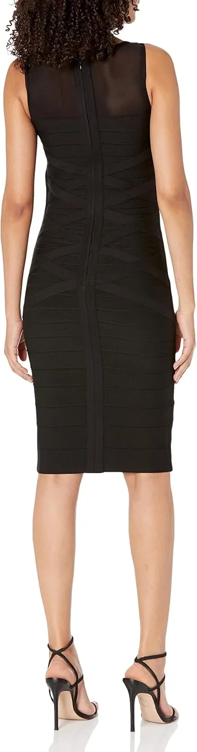 Dress the Population Women's Ximena Sleeveless Round Neck Crisscross Lattice Bandage Above Knee Bodycon Dress
