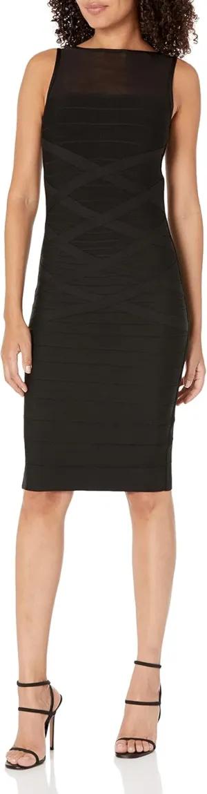 Dress the Population Women's Ximena Sleeveless Round Neck Crisscross Lattice Bandage Above Knee Bodycon Dress