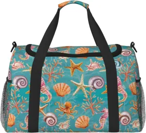 Duffle Bag for Travel, Starfish Seahorse Scallops Weekender Overnight Duffel Bag, Carry On Bag Gym Bag for Women Men, Personal Item Travel Bag