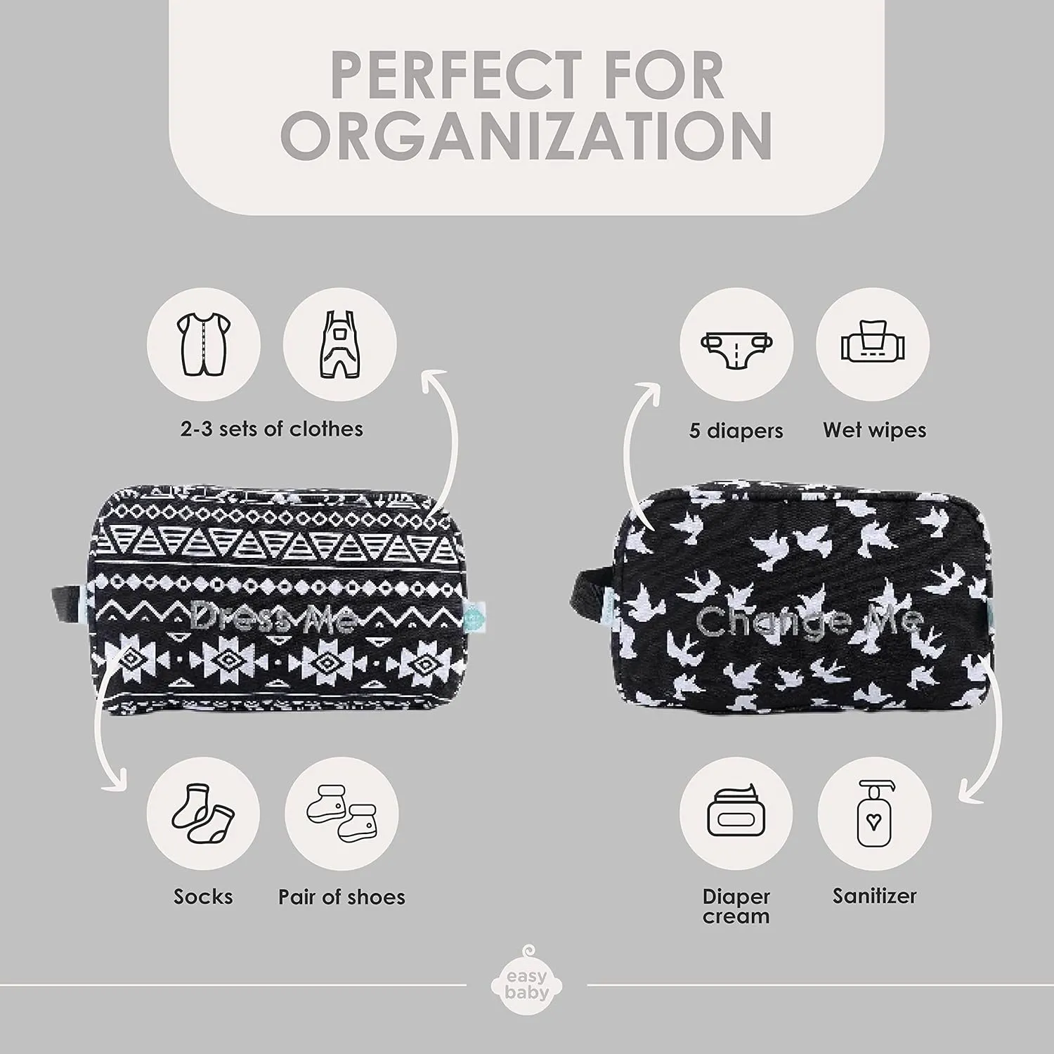 Easy Baby - Diaper, Bottle, and Supplies - Organizer Pouches - Change, Feed, and Dress Me (4 Pack Brooklyn) | Organizing Packing Tote Cubes for Baby Items | Good for Travel and Keeping Organized