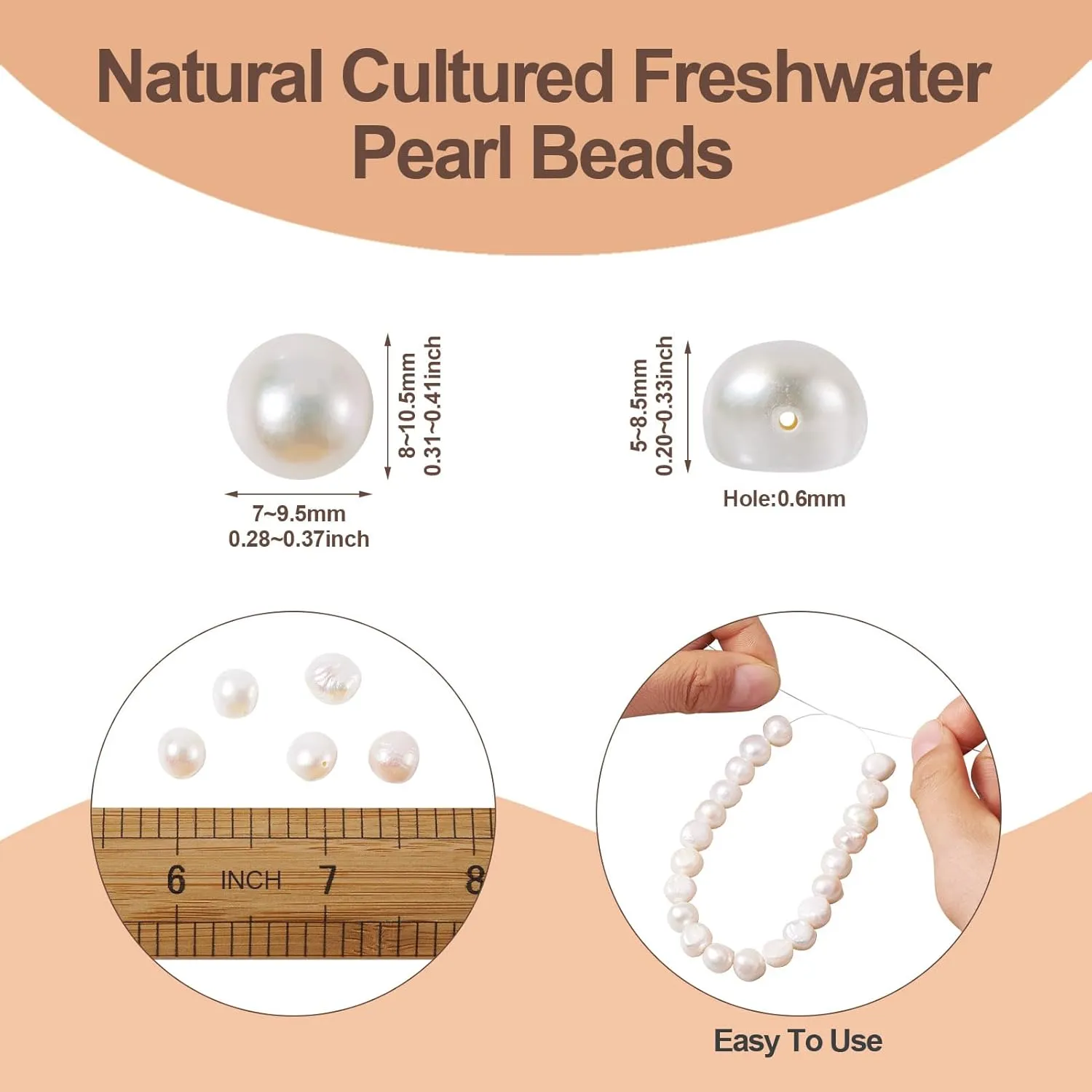 Elecrelive 50 pcs Pearl Beads for Jewelry Making 7-9.5 mm Natural Cultured Freshwater Pearl Beads Loose Gemstone Bead Holes 0.6 mm for Crafts Necklaces Bracelets Earrings Making