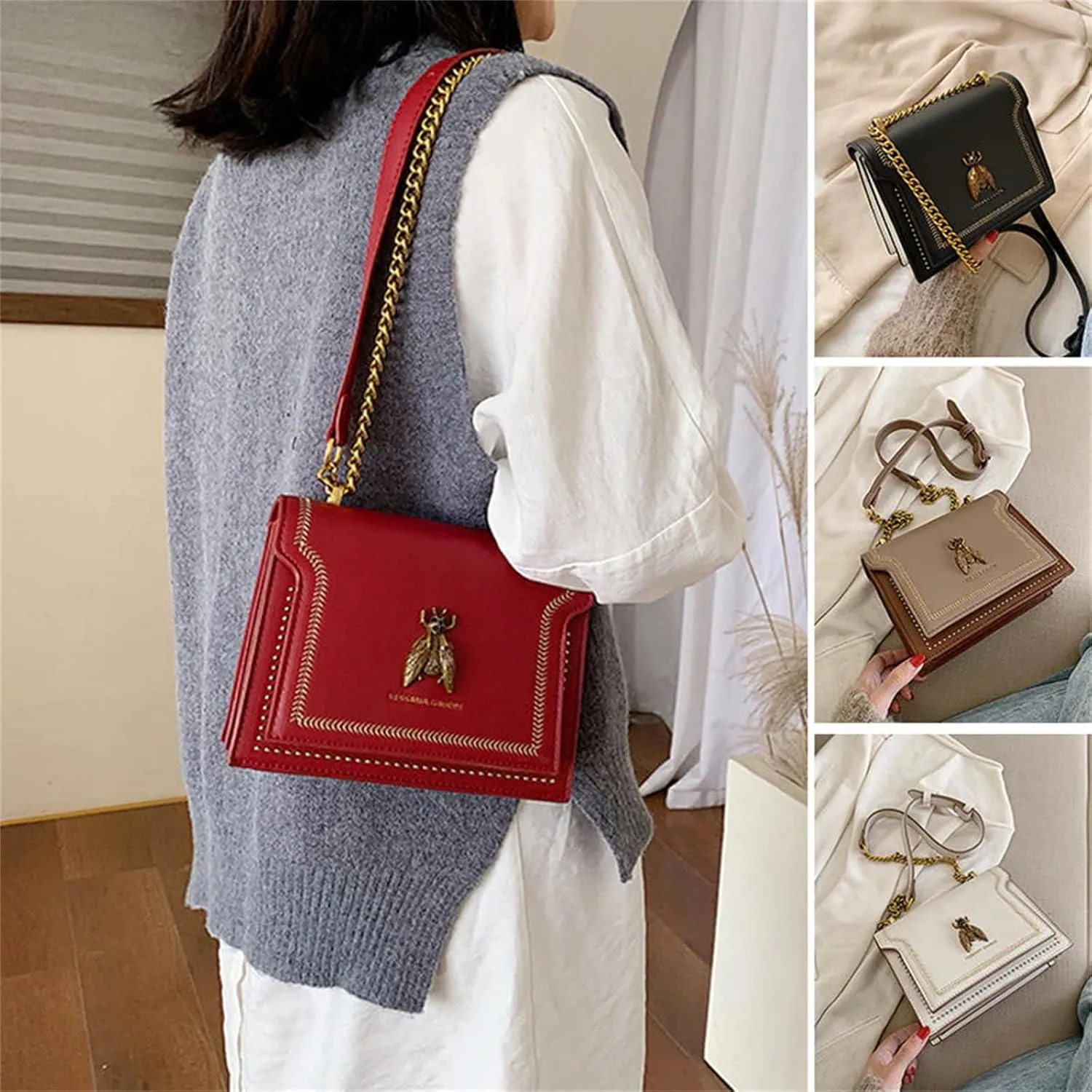 Elegant Bee Patch Crossbody Bag for Women,Vintage Bee Single Shoulder Handbag,Shoulder Bag with Metal Chain Strap.