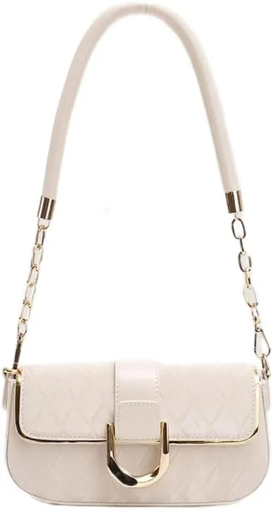 Elegant Shoulder bag metal chain small square bag versatile dress Underarm bag Chic Handbag (White)