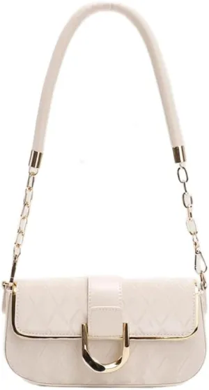 Elegant Shoulder bag metal chain small square bag versatile dress Underarm bag Chic Handbag (White)