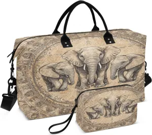 Elephant Mandala Sketch Sports Gym Bag for Women Men Travel Duffel Bag Weekend Overnight Carry on Bag with Toiletry Bag Training Handbag for Yoga Workout Swimming Hospital Plane