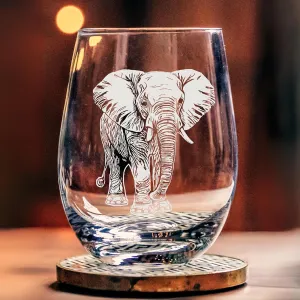 Elephant Stemless Wine Glass 18 oz Laser Engraved Hand Drawn Picture of an Elephant - Perfect gift for Elephant Lovers - Safari Themed Wine glass