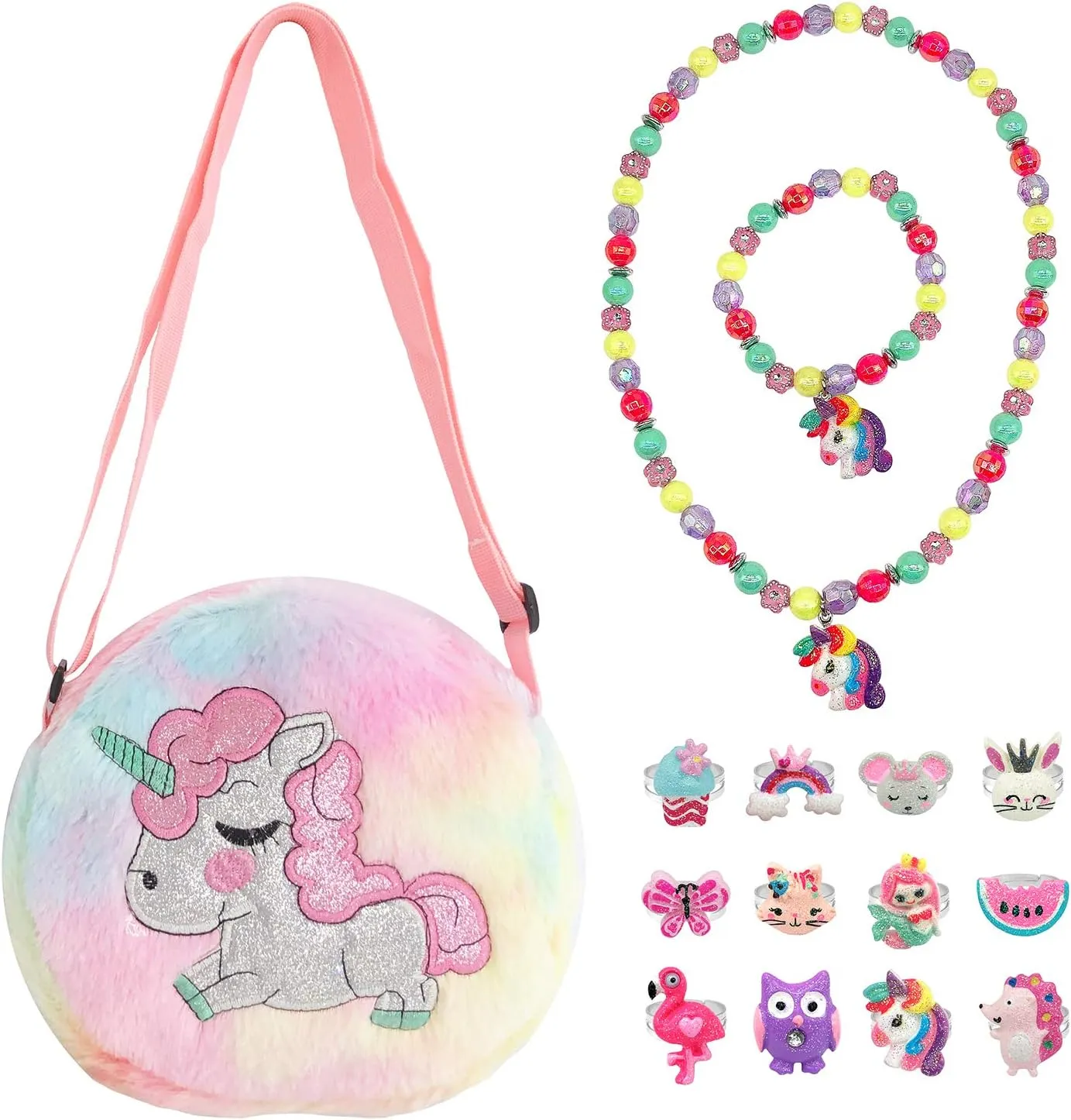 Elesa Miracle Little Girl Plush Purse Handbag Kids Necklace Pretend Play Toy Playset Jewelry Crossbody Purse for Children Toddler Baby Girls, Unicorn