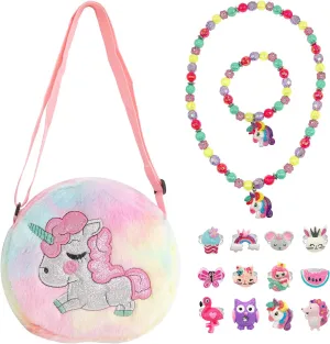 Elesa Miracle Little Girl Plush Purse Handbag Kids Necklace Pretend Play Toy Playset Jewelry Crossbody Purse for Children Toddler Baby Girls, Unicorn