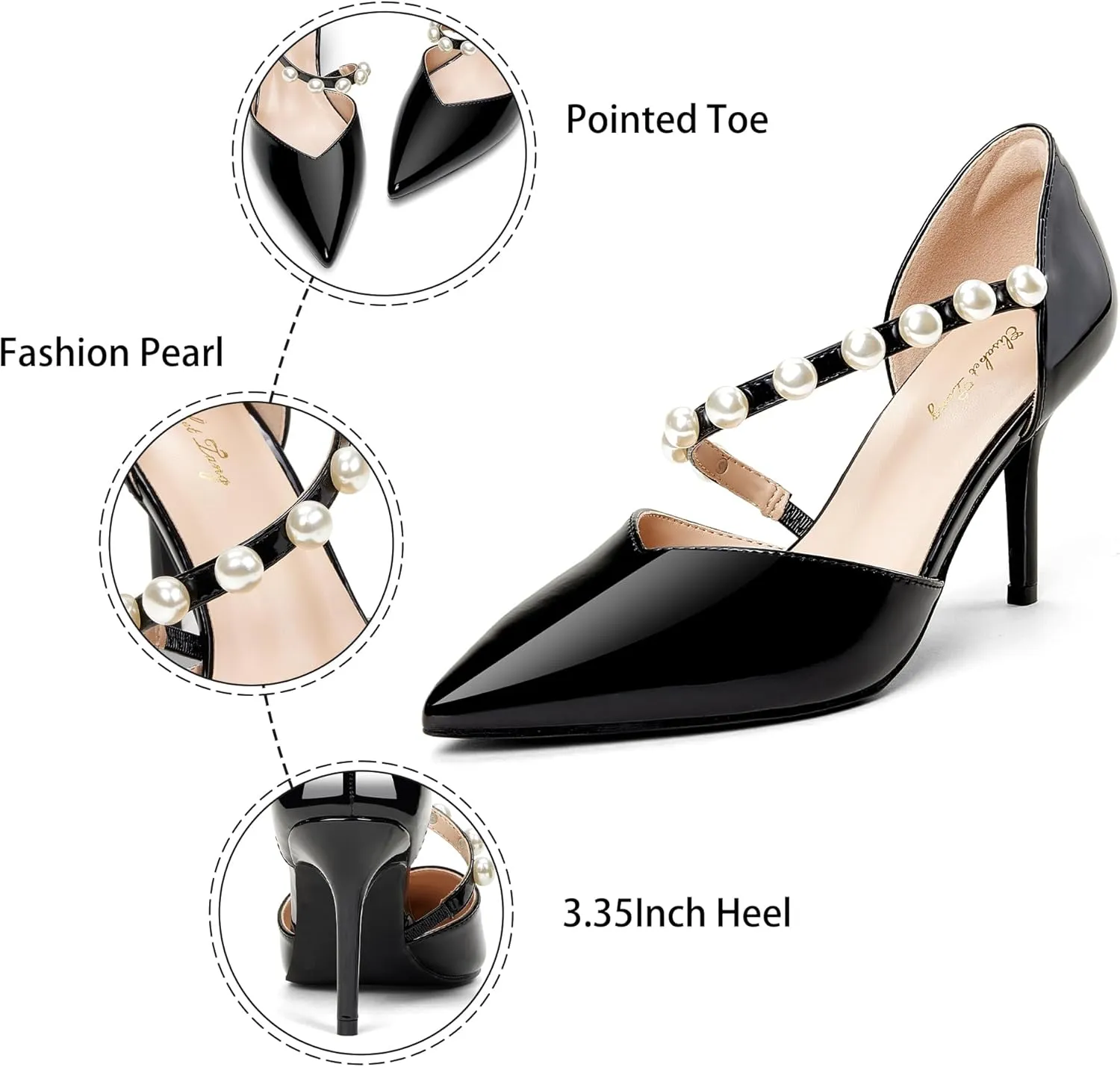 Elisabet Tang Women's Closed Pointed Toe Heels with Pearl Stiletto Pumps D'Orsay Wedding Bridal Party Women Sexy High Heel Dress Shoes