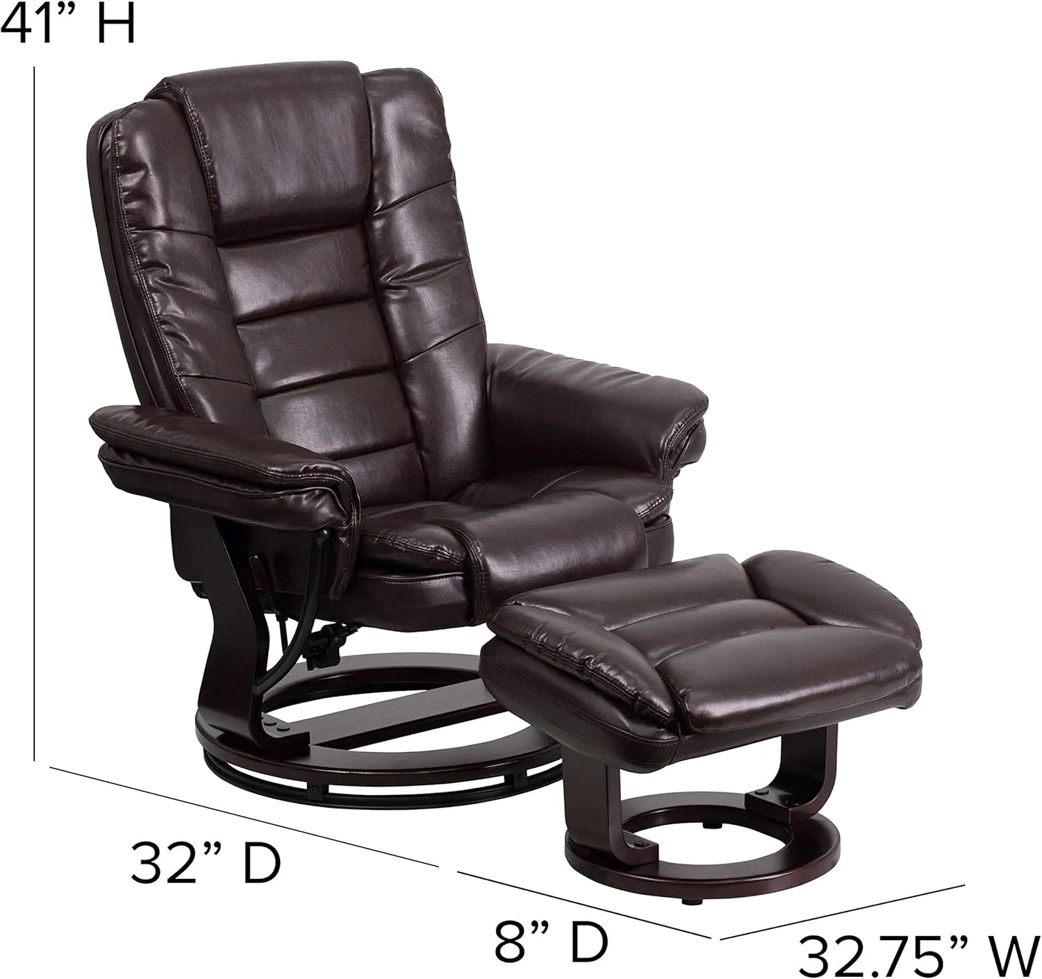 EMMA   OLIVER Multi-Position Stitched Recliner & Ottoman with Swivel Base in Brown LeatherSoft