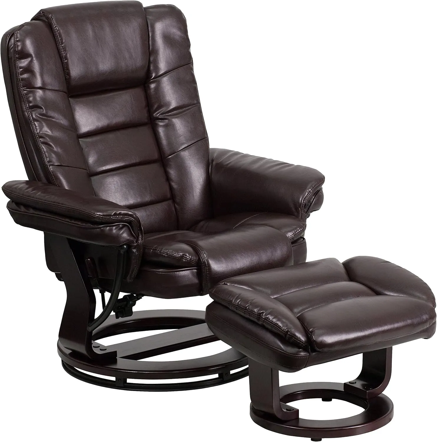 EMMA   OLIVER Multi-Position Stitched Recliner & Ottoman with Swivel Base in Brown LeatherSoft