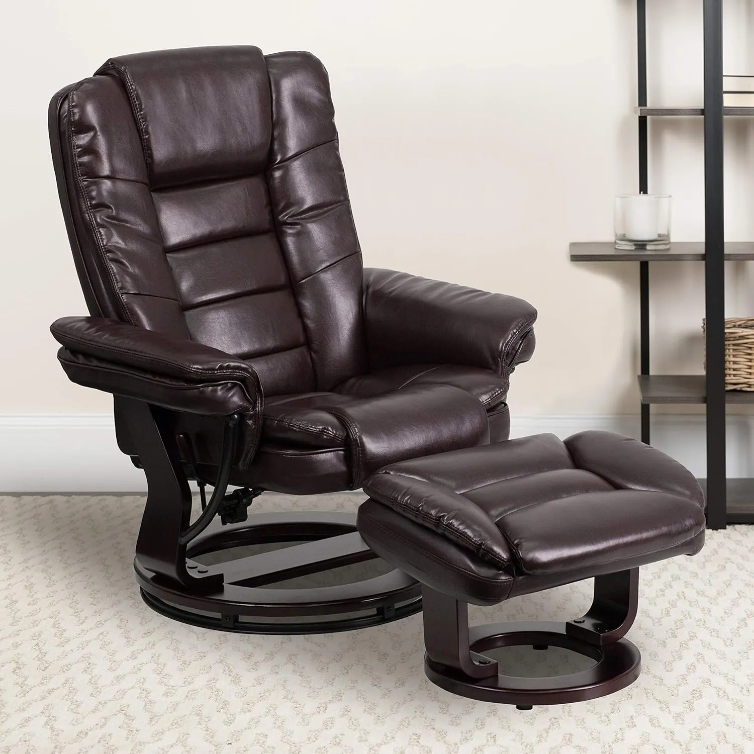 EMMA   OLIVER Multi-Position Stitched Recliner & Ottoman with Swivel Base in Brown LeatherSoft