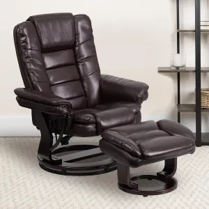 EMMA   OLIVER Multi-Position Stitched Recliner & Ottoman with Swivel Base in Brown LeatherSoft