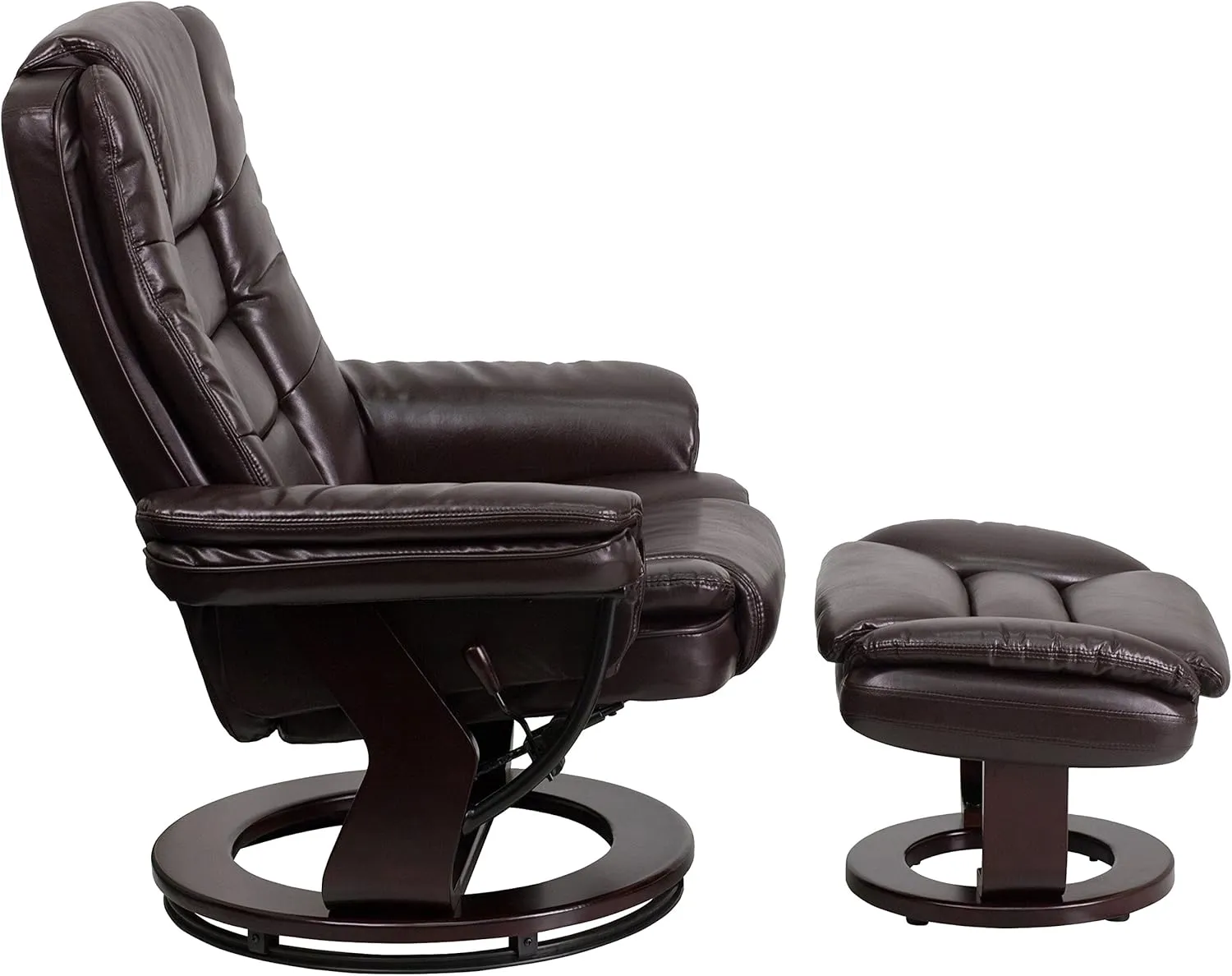 EMMA   OLIVER Multi-Position Stitched Recliner & Ottoman with Swivel Base in Brown LeatherSoft