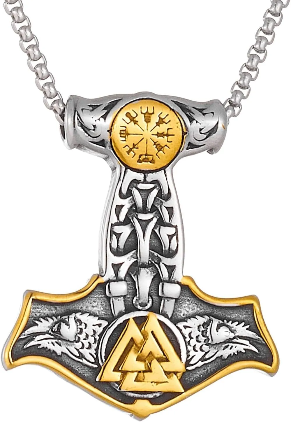 European and American Personality Retro Viking Raytheon Hammer Stainless Steel Pendant Necklaces for men