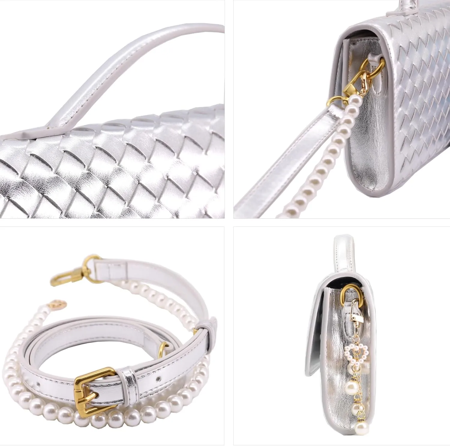 Evening Bag Woven Clutch Purses for Women Trendy Crossbody Purse with Pearl Chain for Prom Party Wedding