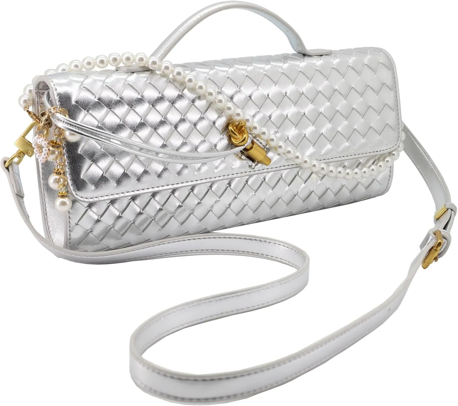 Evening Bag Woven Clutch Purses for Women Trendy Crossbody Purse with Pearl Chain for Prom Party Wedding