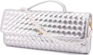 Evening Bag Woven Clutch Purses for Women Trendy Crossbody Purse with Pearl Chain for Prom Party Wedding