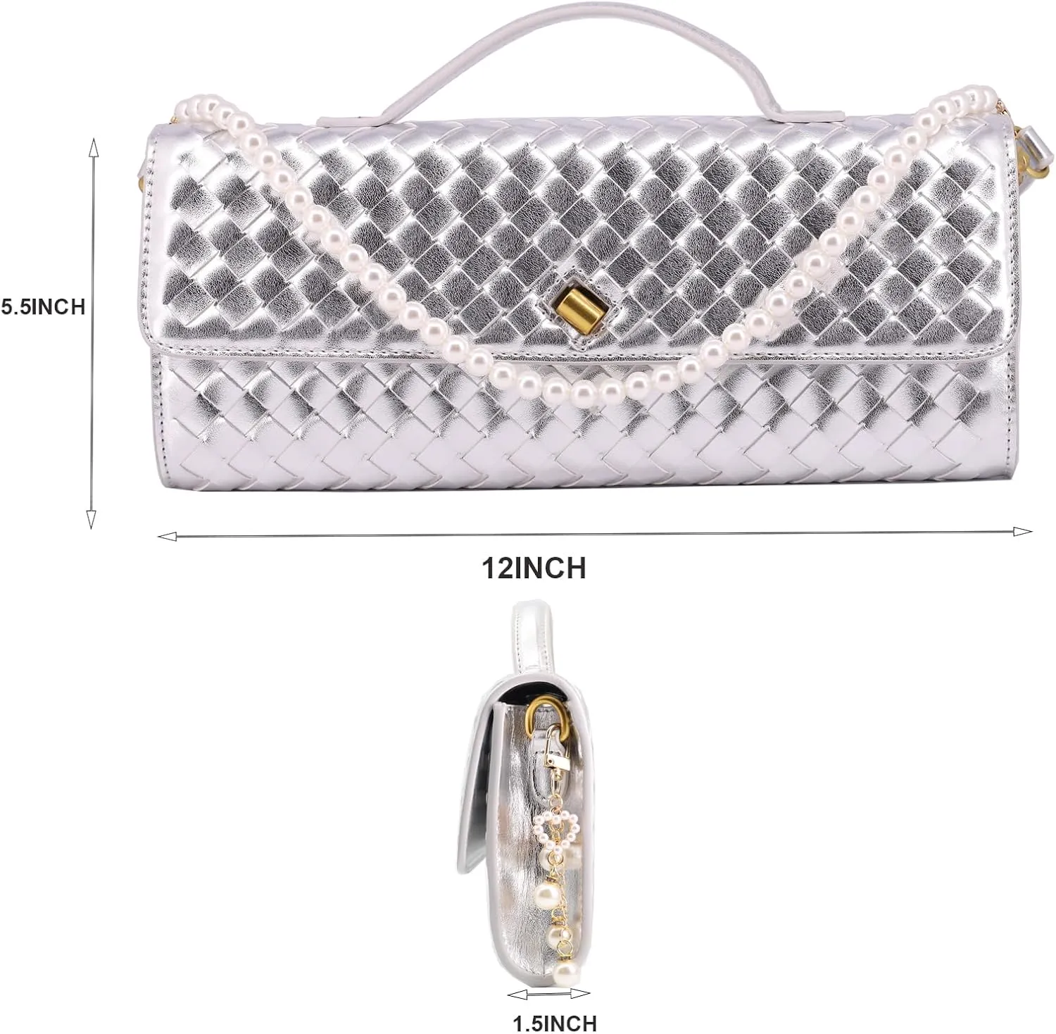 Evening Bag Woven Clutch Purses for Women Trendy Crossbody Purse with Pearl Chain for Prom Party Wedding