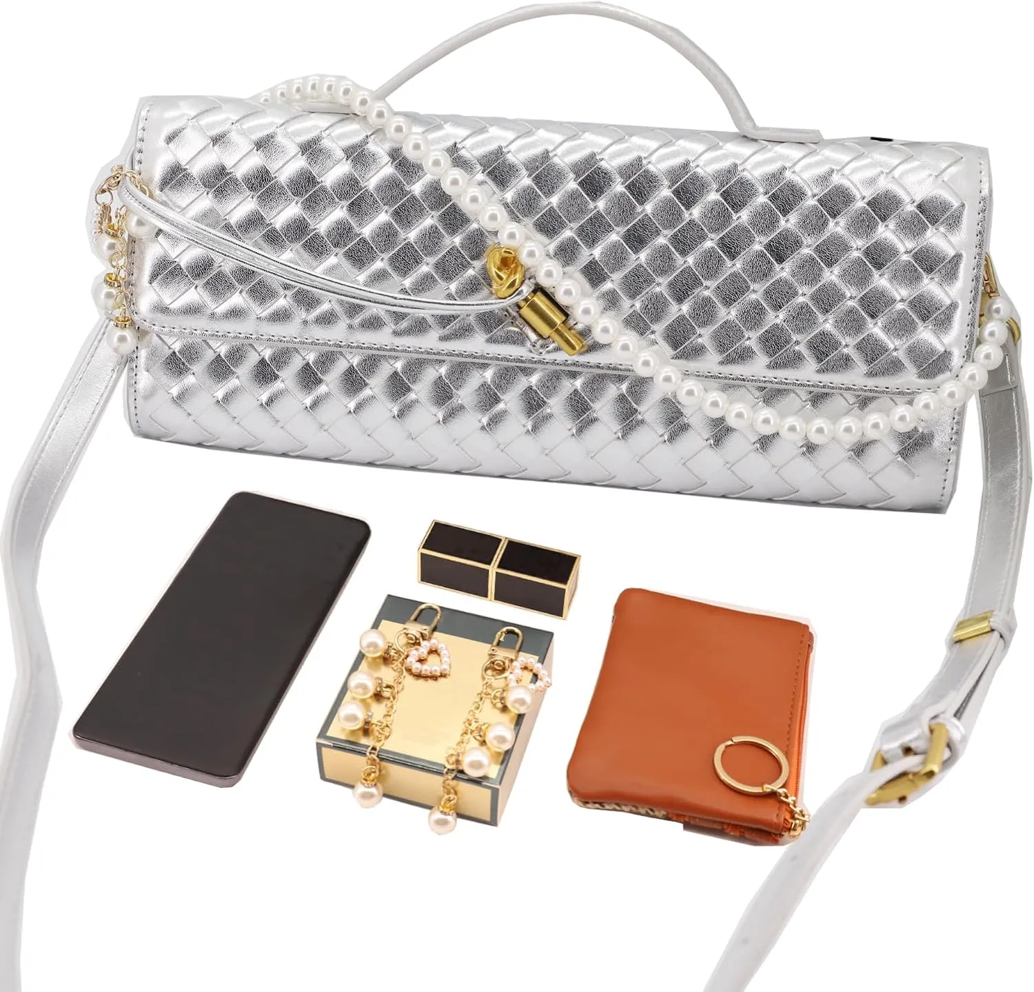 Evening Bag Woven Clutch Purses for Women Trendy Crossbody Purse with Pearl Chain for Prom Party Wedding