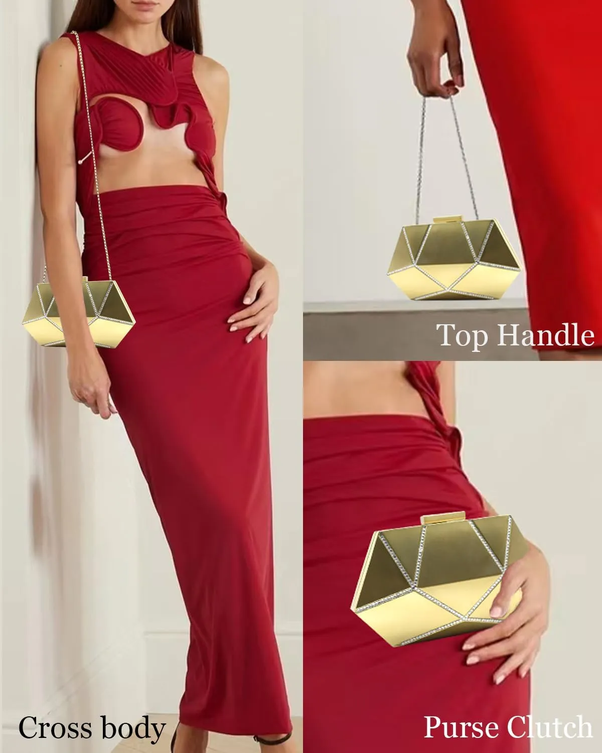 Evening Clutch Purse for Women Formal, Metallic Evening Handbags Metal Chain Shoulder Bag, Rhinestone Purse