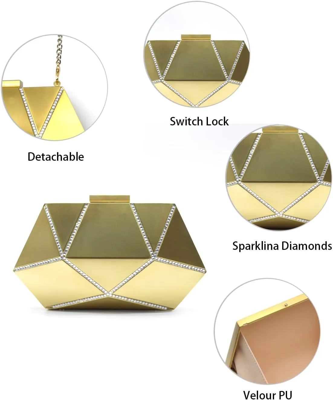 Evening Clutch Purse for Women Formal, Metallic Evening Handbags Metal Chain Shoulder Bag, Rhinestone Purse