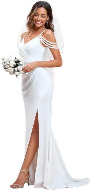 Ever-Pretty Women's Ruched Pearl Chain Cold Shoulder Bodycon Mermaid Wedding Dress 01859