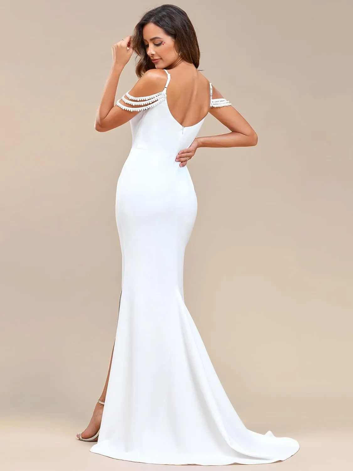 Ever-Pretty Women's Ruched Pearl Chain Cold Shoulder Bodycon Mermaid Wedding Dress 01859