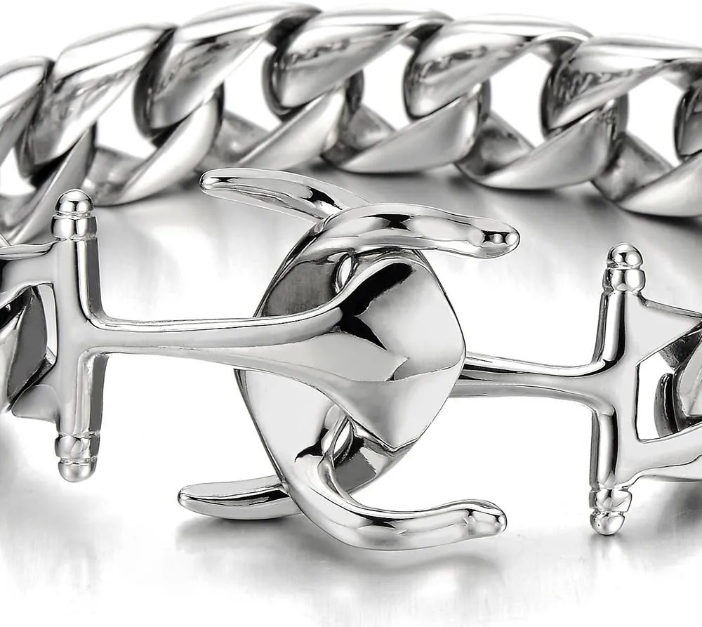 Exquisite Stainless Steel Mens Marine Anchor Curb Chain Bangle Bracelet Silver Color Polished