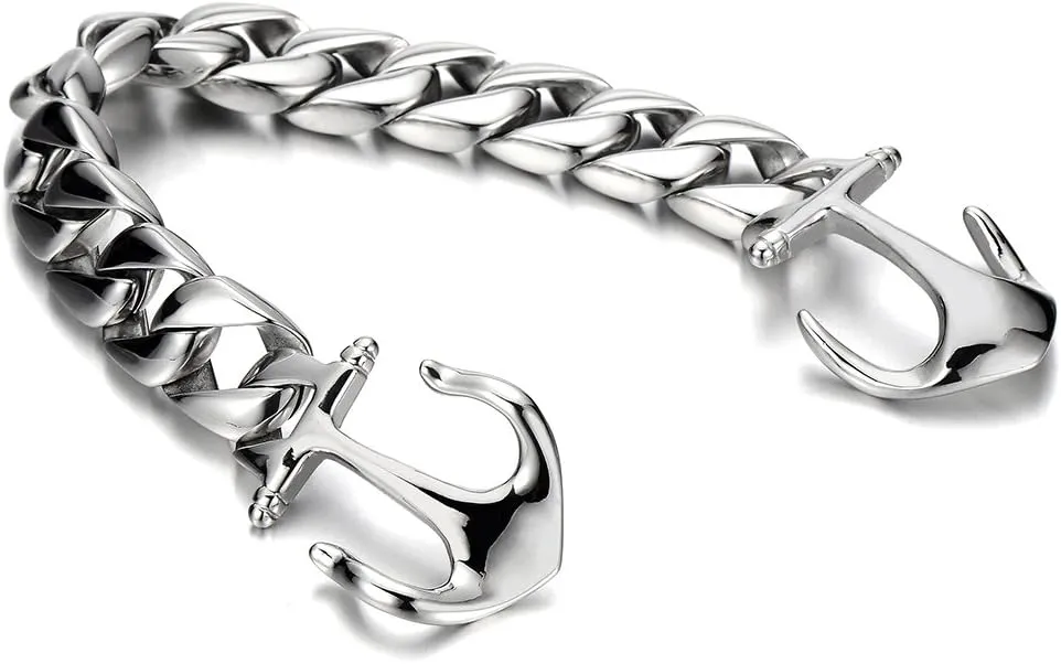 Exquisite Stainless Steel Mens Marine Anchor Curb Chain Bangle Bracelet Silver Color Polished