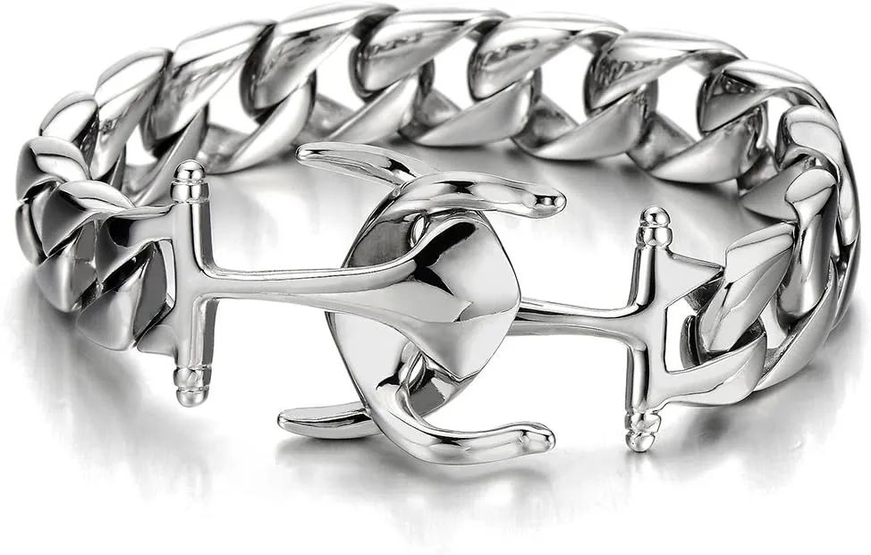 Exquisite Stainless Steel Mens Marine Anchor Curb Chain Bangle Bracelet Silver Color Polished