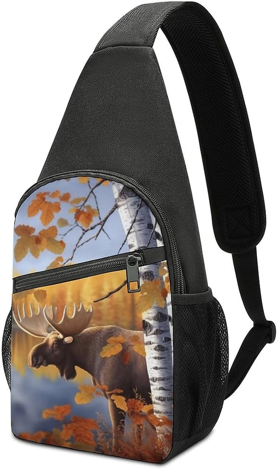 Fall Birch Leaves Elk Sling Bag Casual Chest Bag Crossbody Shoulder Backpack Sport Travel Hiking Daypack for Women Men