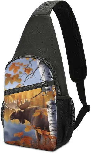 Fall Birch Leaves Elk Sling Bag Casual Chest Bag Crossbody Shoulder Backpack Sport Travel Hiking Daypack for Women Men