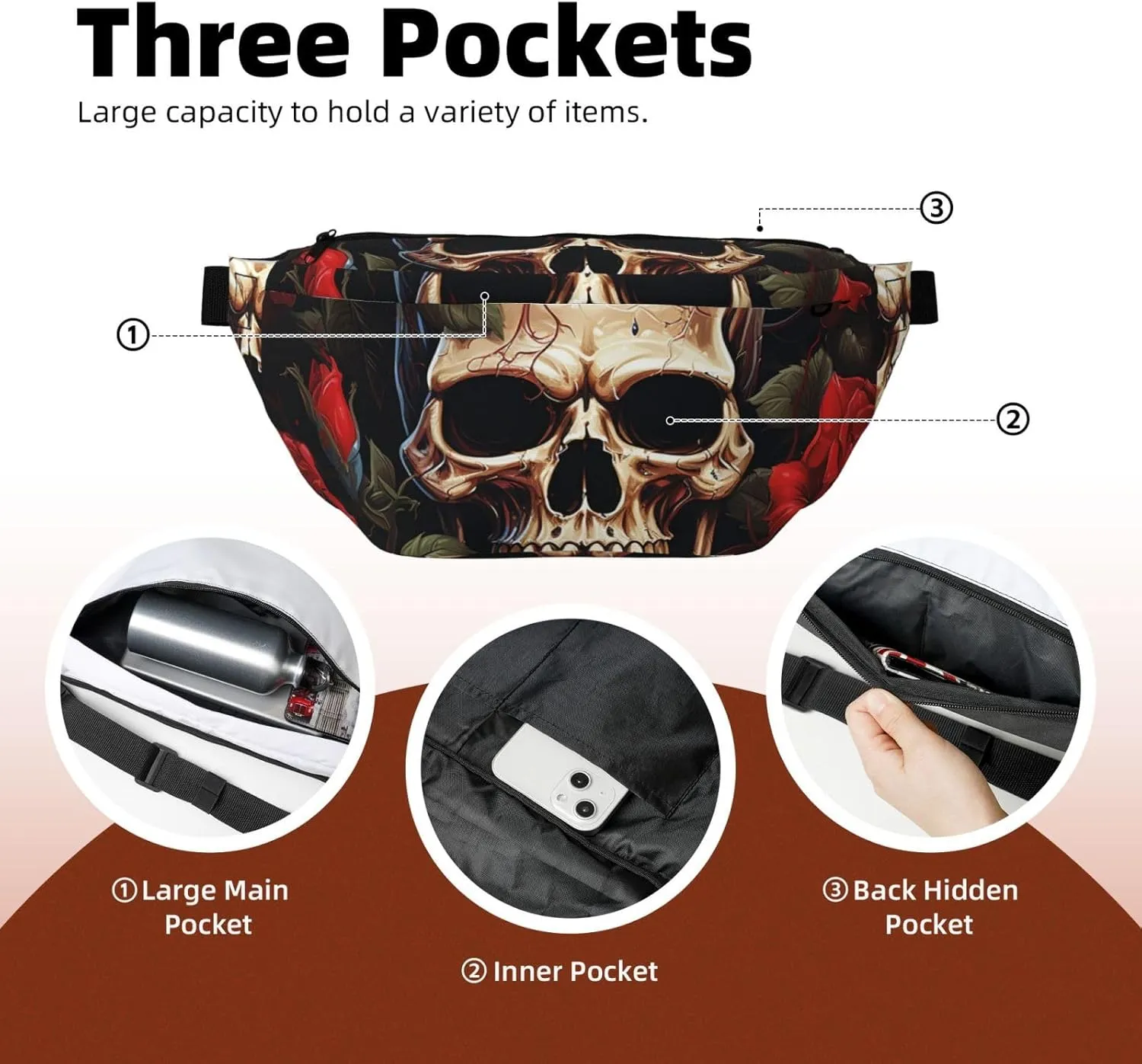 Fanny Pack for Women Men Waist Bag Waterproof Skull Rose-Red Belt Bag with Adjustable Strap