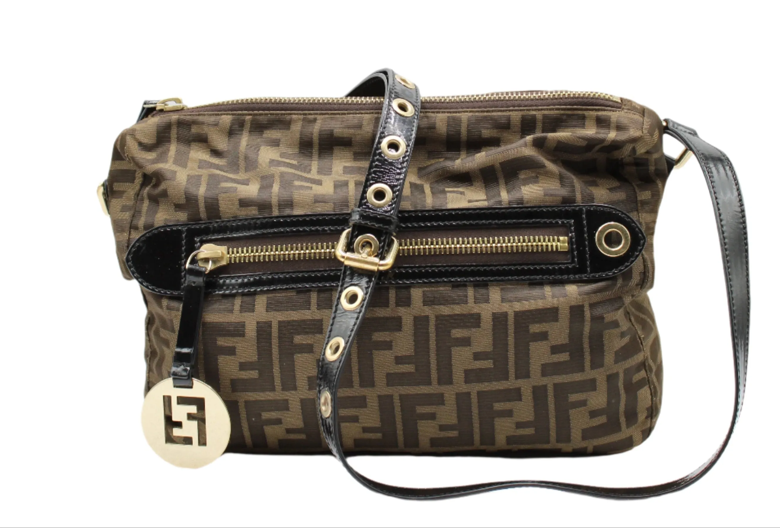 Fendi Brown Zucca Canvas Crossbody Bag Leather Strap