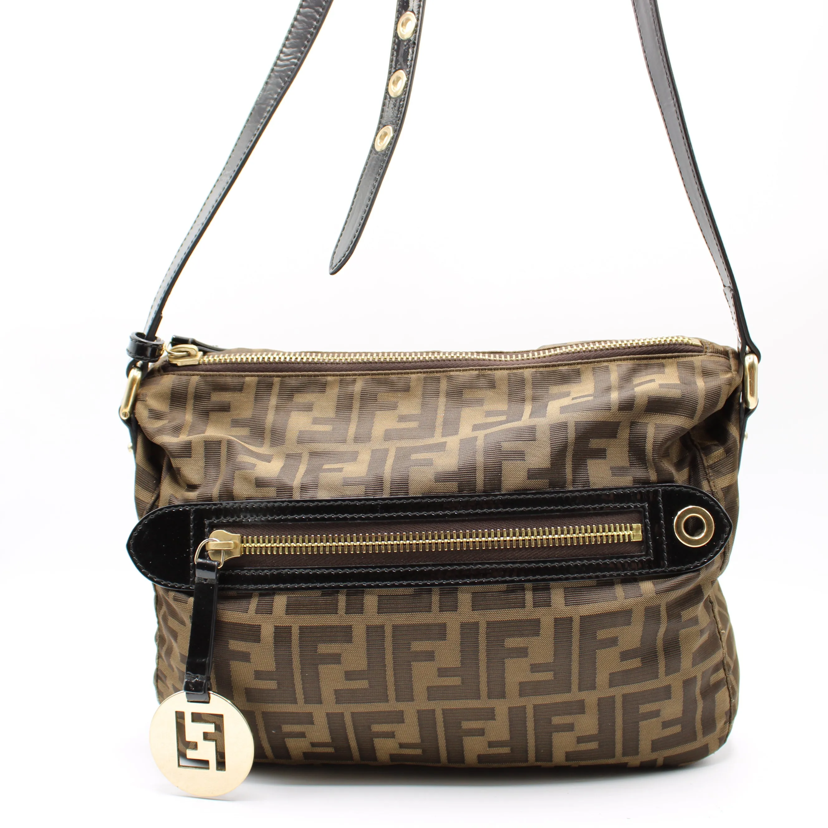 Fendi Brown Zucca Canvas Crossbody Bag Leather Strap