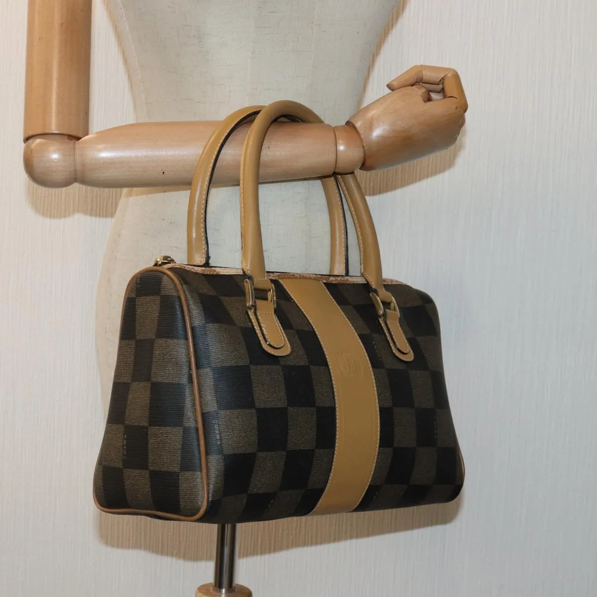 FENDI Pecan Canvas Boston Bag Brown Black gold 89110