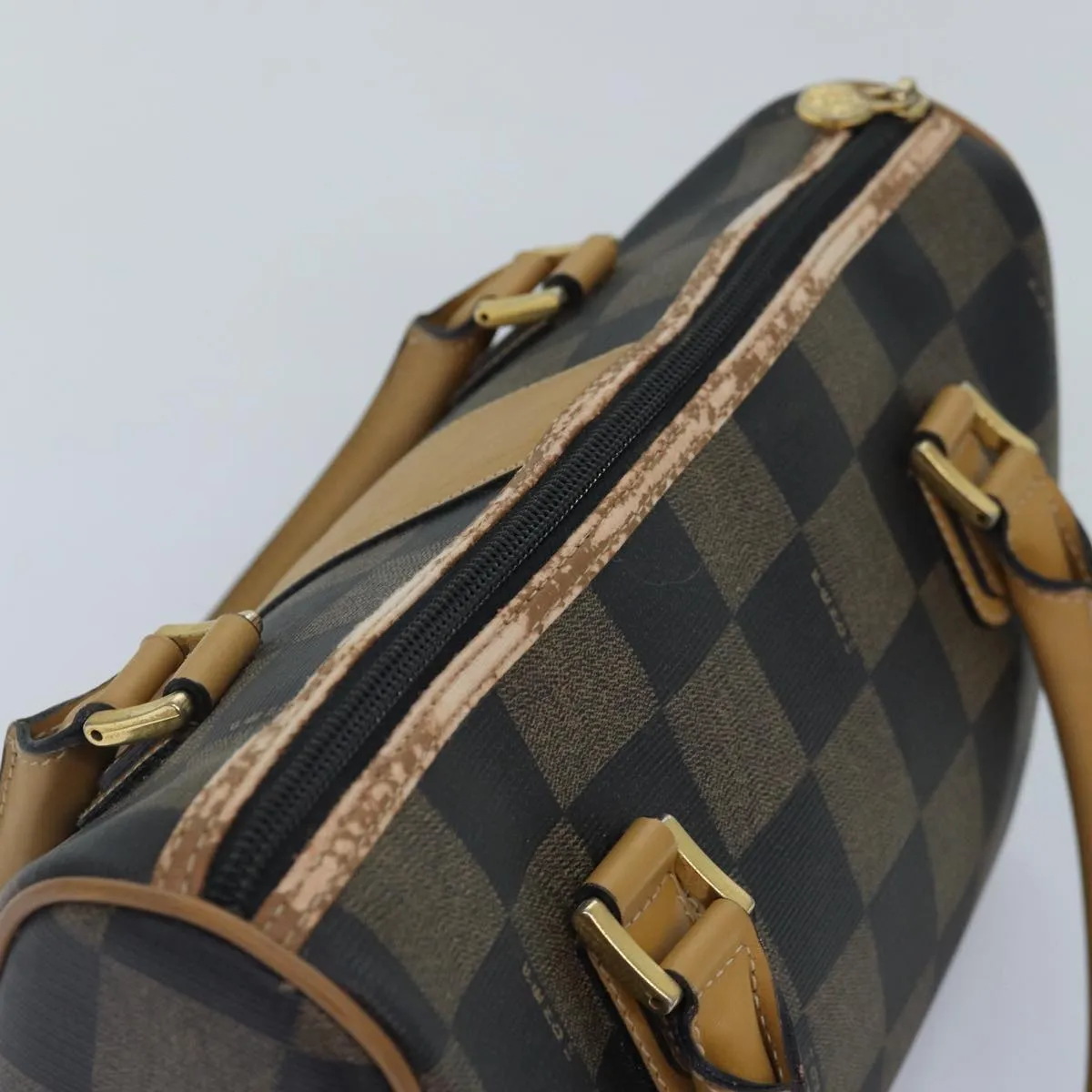 FENDI Pecan Canvas Boston Bag Brown Black gold 89110