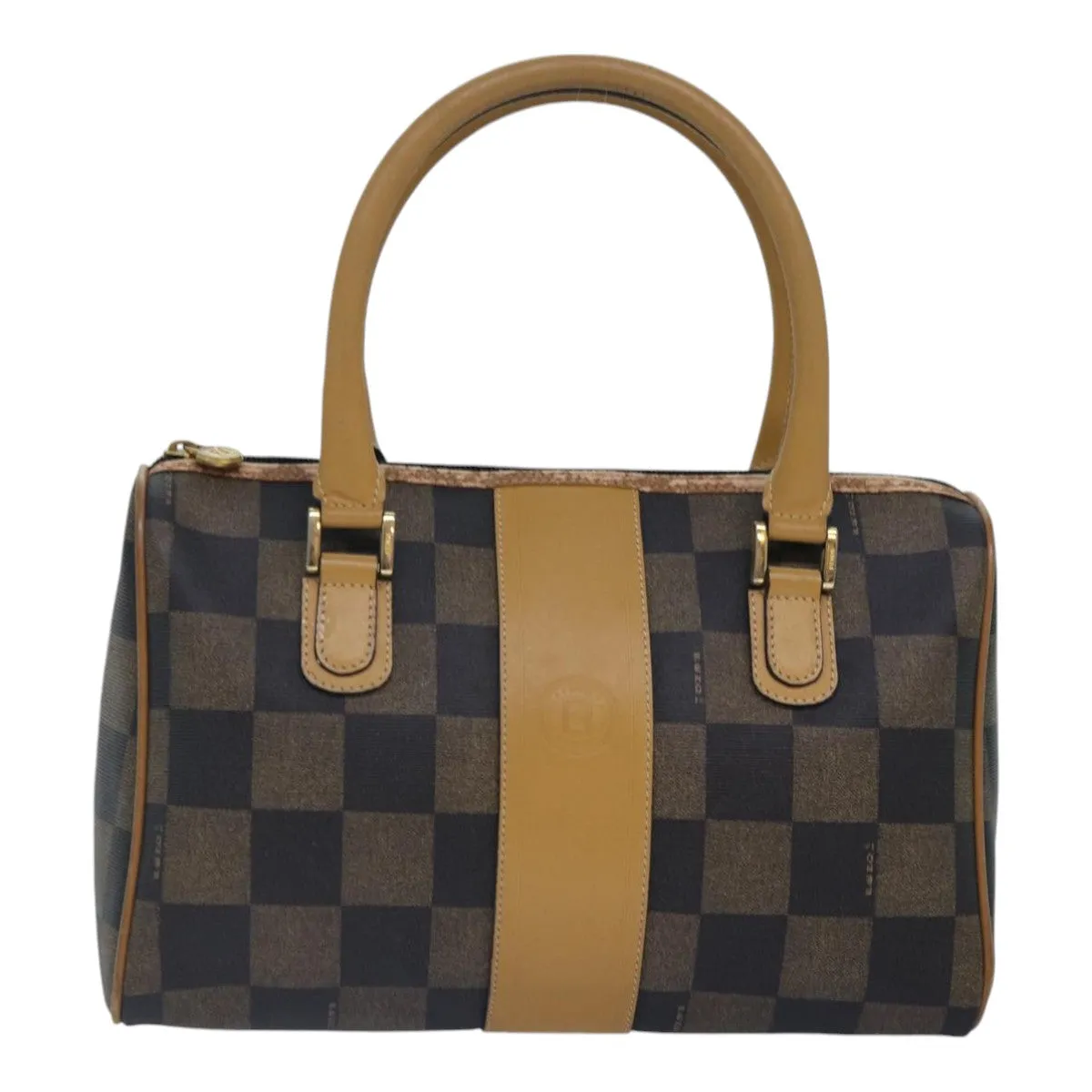 FENDI Pecan Canvas Boston Bag Brown Black gold 89110