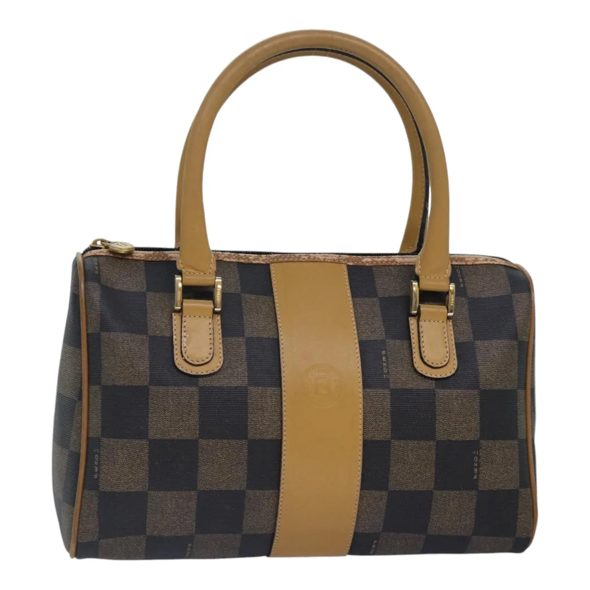 FENDI Pecan Canvas Boston Bag Brown Black gold 89110